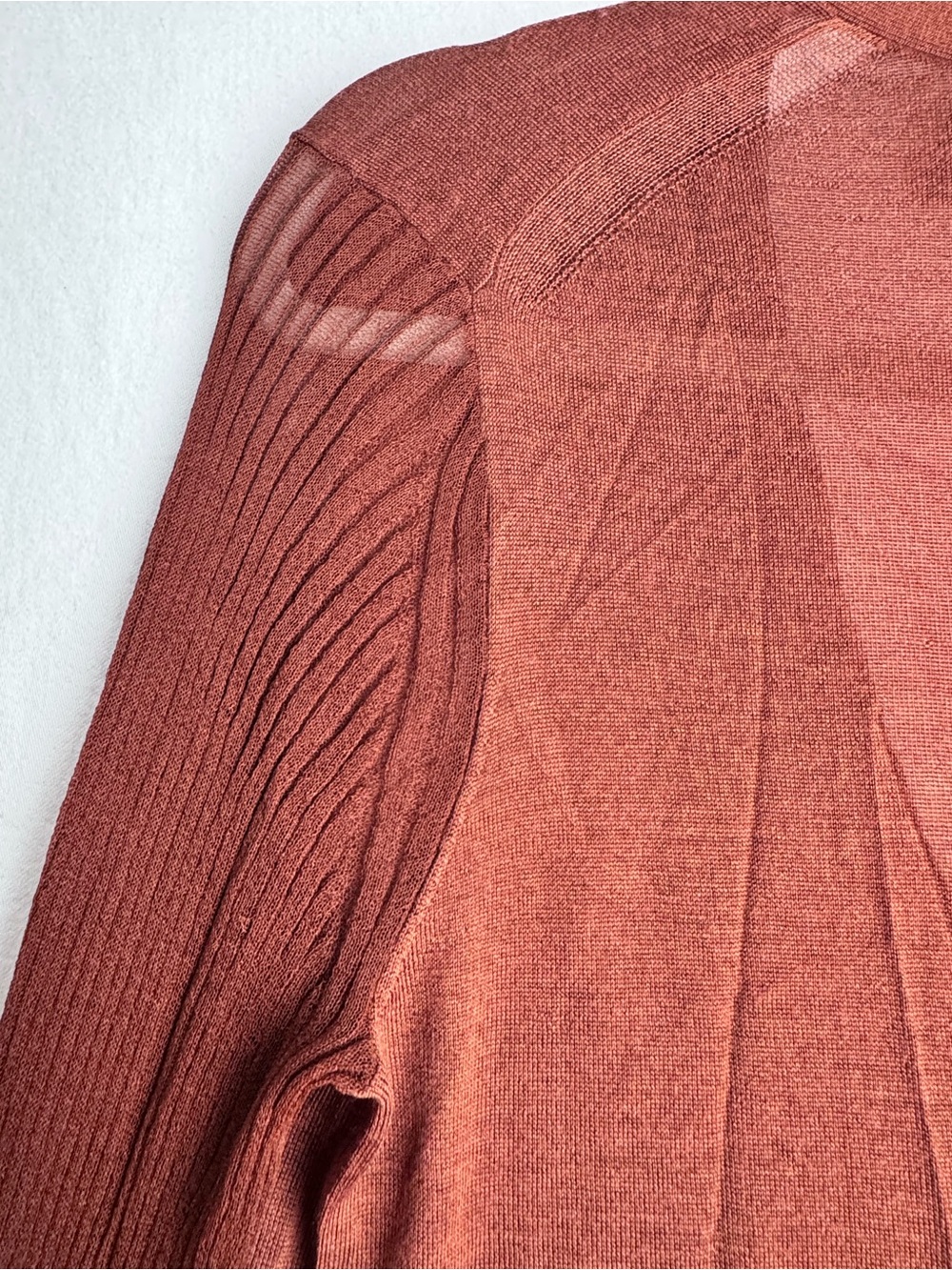 Theory Wool Blend Sheer Sleeve Ruffle Cuff Cardigan Size M Rust Red - Picture 8 of 8